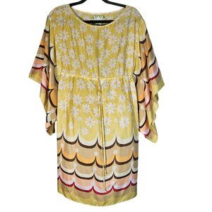 Chelsea Violet Yellow Floral Scallop Print Kimono Sleeve Dress S Polyester Women